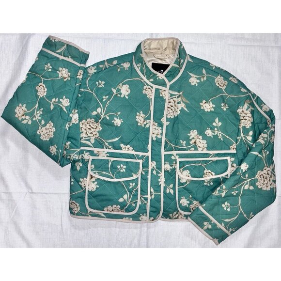 7 FOR ALL MANKIND Quilted Crop Floral Print Jacket Jade Green Size M - Picture 3 of 5